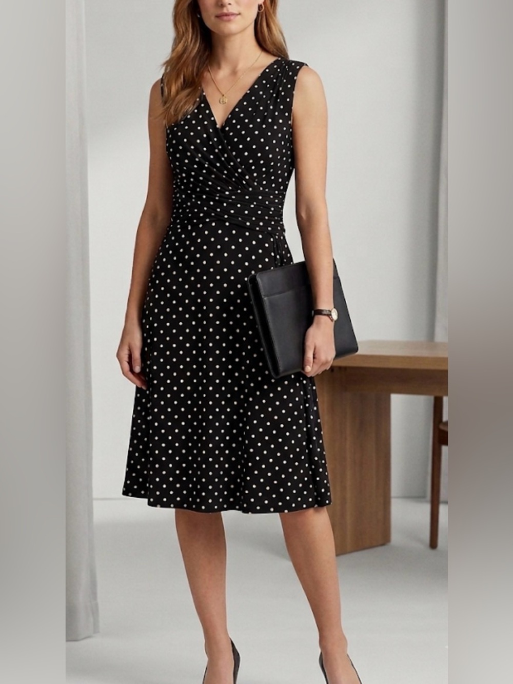 Lauren Ralph Lauren Black Polka Dot Sleeveless Faux Wrap Dress Elastic Stretch 8